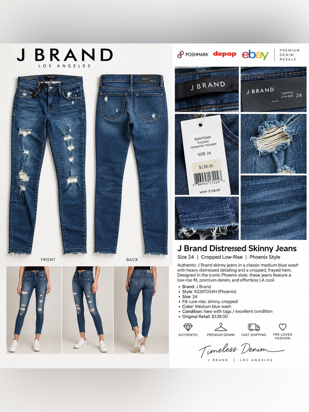 J Brand Skinny Distressed Jeans - Medium Blue
